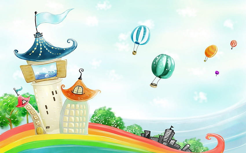 Rainbow City, buildings, trees, hot air balloons, rainbow HD wallpaper