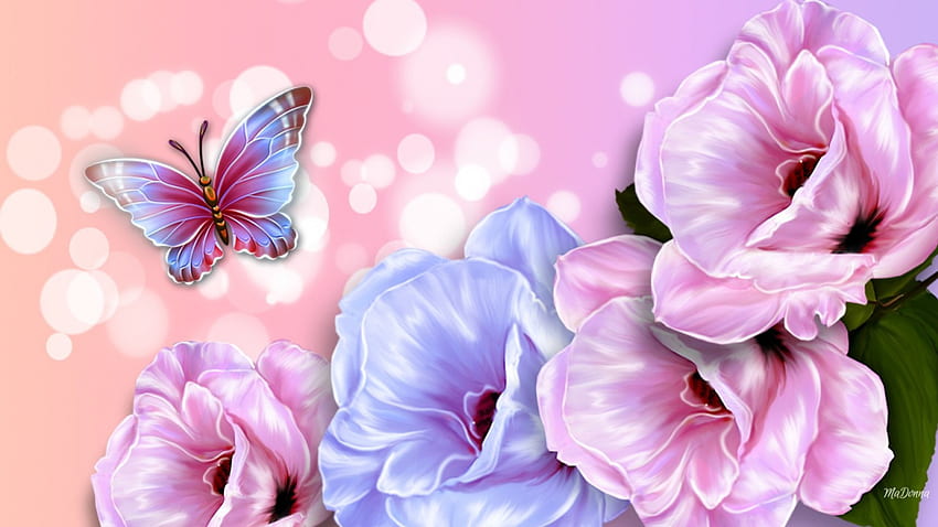 Bright and Shiny Flowers, blue, pastel, bokeh, floral, soft, spring, summer, butterflies, poppies, pink, flowers HD wallpaper
