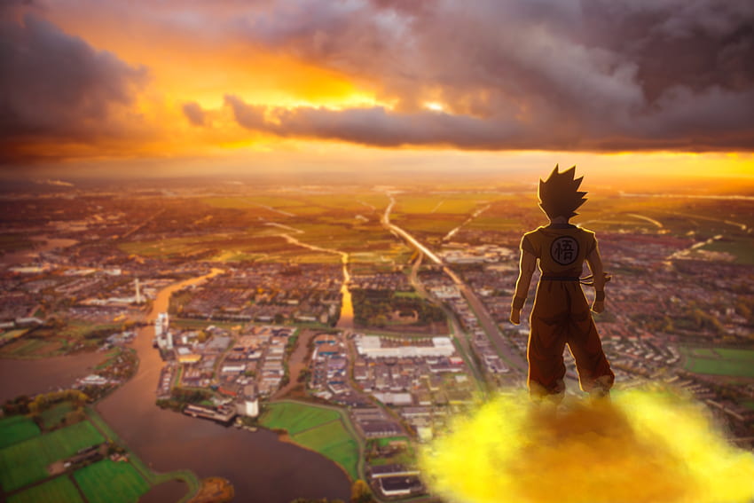 Goku on Nimbus, cloud, sky, Dragonball, flying, sunset, kakarot, reality, anime HD wallpaper