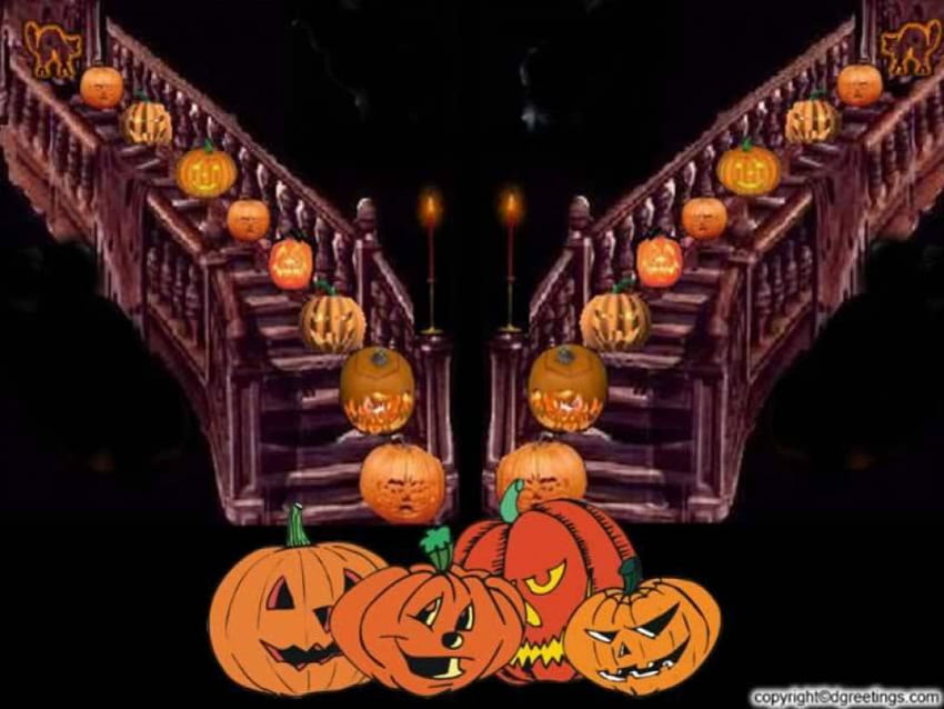 Pumpkin Staircase, cats, haloween, pumpkin faces, staircase HD wallpaper