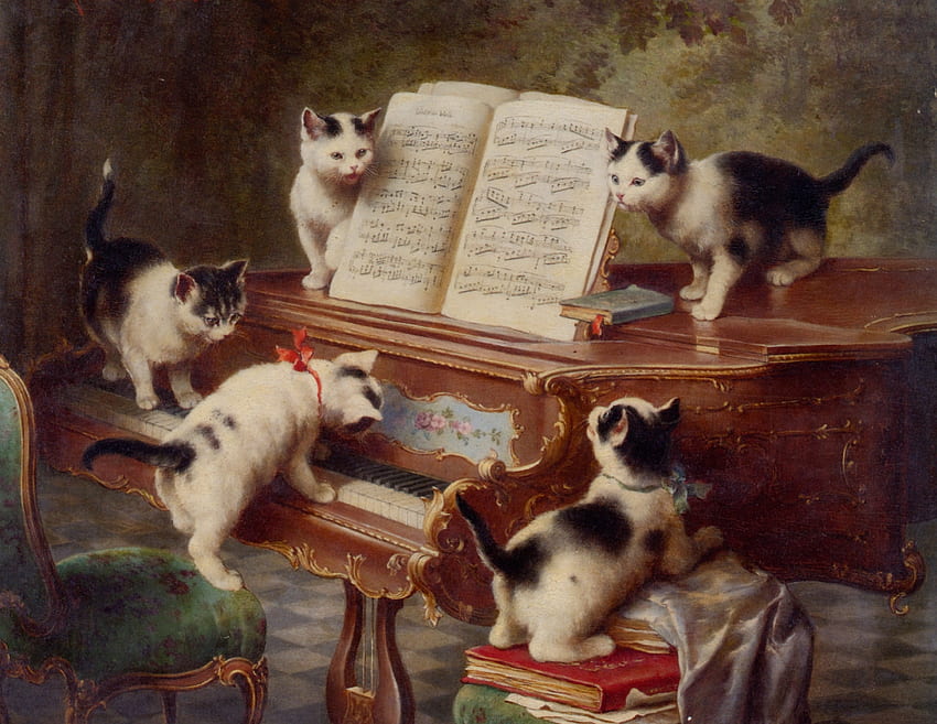 Resital, yavru kedi, kedi, pisica, enstrüman, , piyano, , henriette ronner knip, luminos HD duvar kağıdı