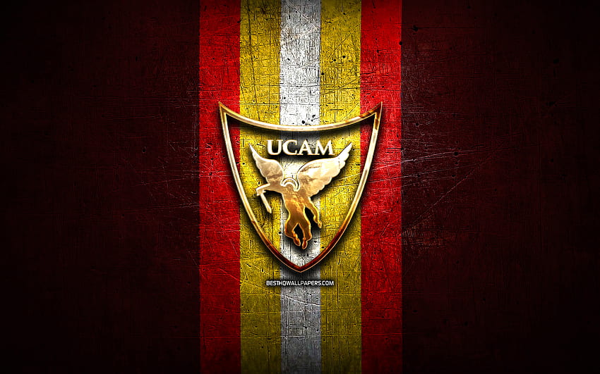 UCAM Murcia CB, โลโก้สีทอง, ACB, พื้นหลังโลหะสีแดง, ทีมบาสเก็ตบอลสเปน, โลโก้ UCAM Murcia CB, บาสเก็ตบอล, UCAM Murcia Basketball Club วอลล์เปเปอร์ HD
