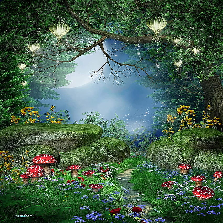 Enchanted Garden Backdrop Fairy Tale Forest Woods Magic Lantern Mushroom Printed Fabric graphy Background (F0214, 5' Wide by 7' Tall) : Camera &, Fairytale HD phone wallpaper