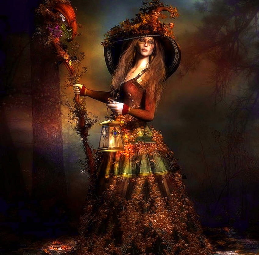 ~Wood Witch of Halloween~, florestas, coisas estranhas que as pessoas usam, arte digital, criativo pré-fabricado, bruxa, mídia mista, amor quatro estações, halloween, hera, fantasia, outono, lanterna, outono papel de parede HD