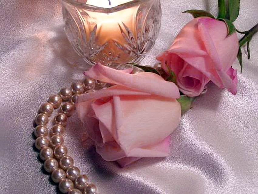 Romance, pink, satin, roses, candle, pearls, flowers, flame HD wallpaper