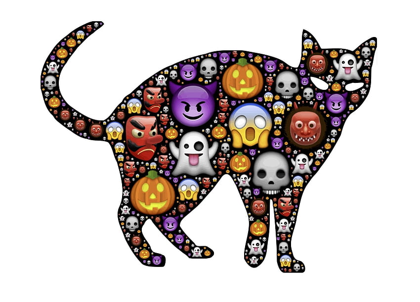 Честит Хелоуин!, животно, бяло, череп, котка, писика, лилаво, Хелоуин, призрак, жълто, текстура, вектор, карта, модел HD тапет