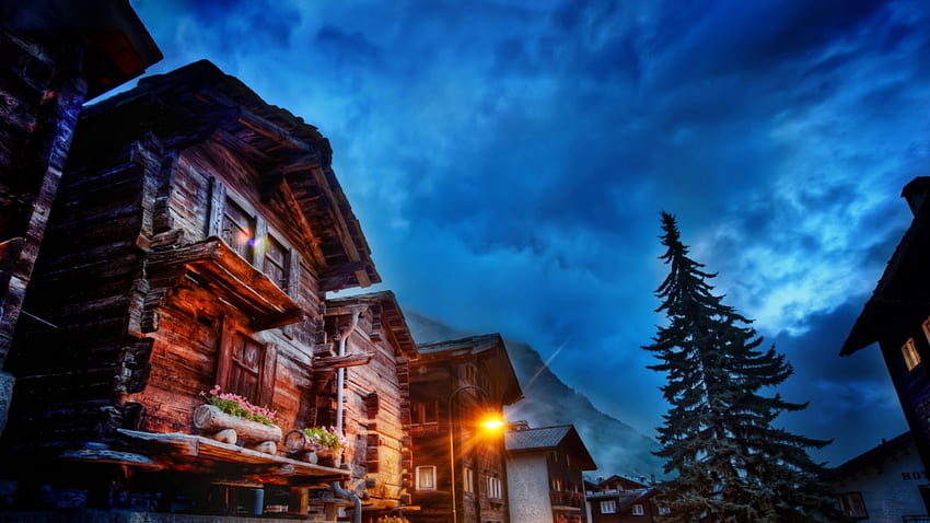 casas fabulosas no nevoeiro noturno em zermatt r, nevoeiro, luzes, cidade, r, casas, noite papel de parede HD