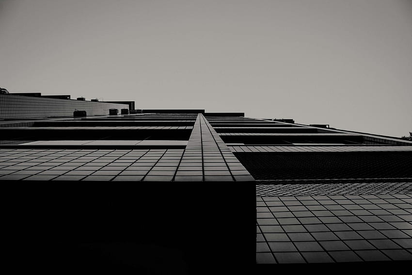 건축물, 검정색과 흰색, 건물, 건물 외관, 낮은 앵글 샷, 원근법, 하늘 HD 월페이퍼