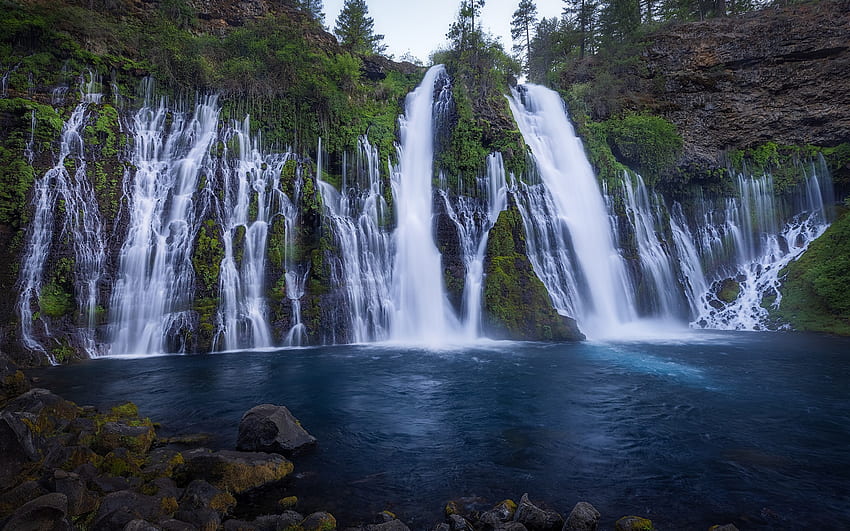 Burney Falls, waterfall, Burney Creek, evening, sunset, mountain waterfall, California, USA HD wallpaper