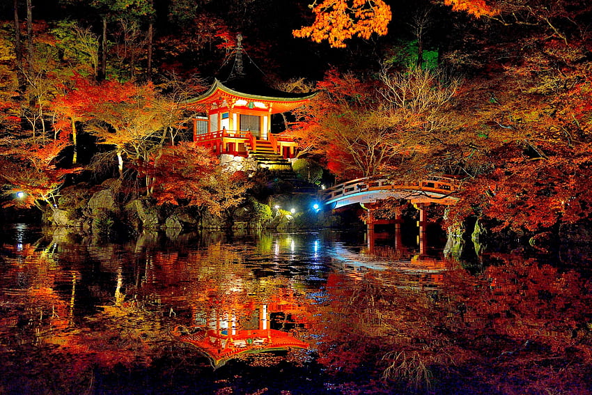 Есенна нощ, нощ, река, отражение, есен, езерце, Азия, храм, есен, градина, красиво, езеро, парк, Япония, Киото, мост, прекрасен, гора HD тапет