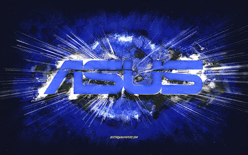 Asusのロゴ、グランジアート、青い石の背景、Asusの青いロゴ、Asus、クリエイティブアート、Asusのグランジのロゴ 高画質の壁紙