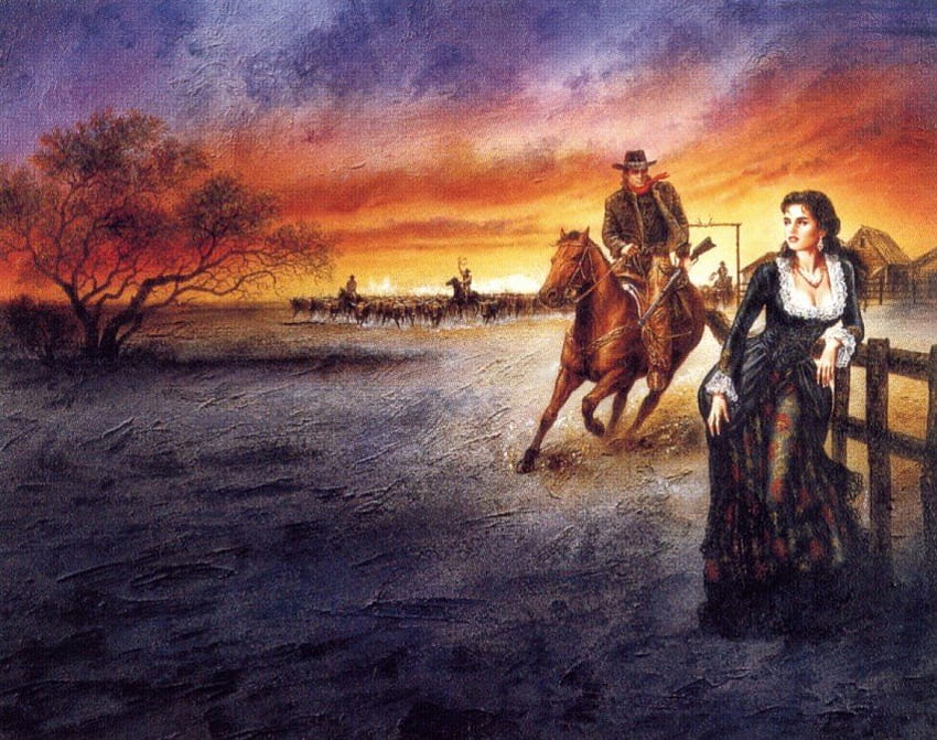 Dreams The Ranch, horse, cowbow, luis, tree, woman, royo, ranch, luis royo, fence, sky HD wallpaper
