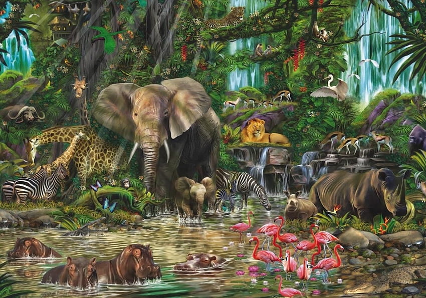 Animal Kingdom, aniamls, hipopótamo, elefante, quebra-cabeça, flemingo, selva papel de parede HD