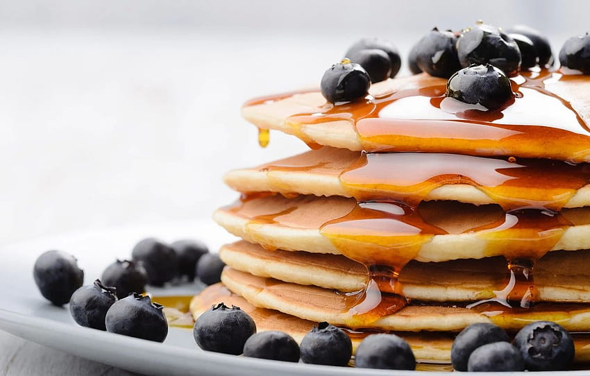 berries, food, blueberries, honey, honey, pancakes, blueberries, pancakes, pancakes for , section еда HD wallpaper