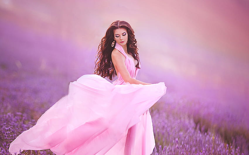 Beauty, summer, model, dancing, lavender, flower, girl, dress, woman, vara HD wallpaper