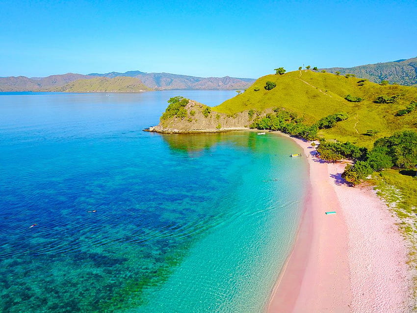 : Изглед от въздуха на красивия плаж с розов пясък на Бахамите – Outlook Traveler HD тапет