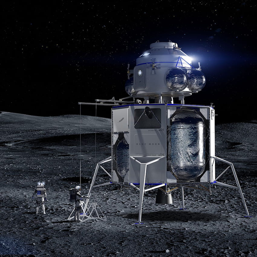 Jeff Bezos przedstawia makietę lądownika księżycowego firmy Blue Origin Blue Moon, cylinder O'Neilla Tapeta na telefon HD