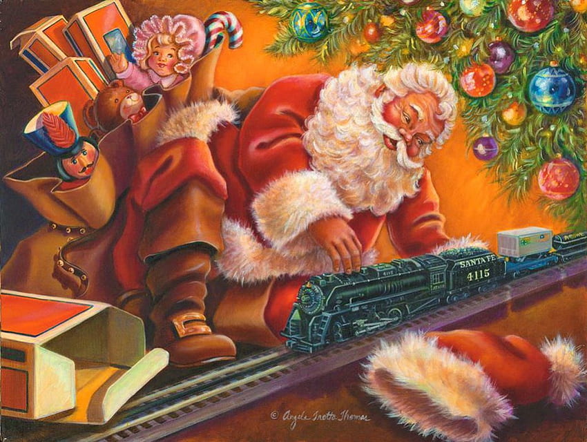Ваканция на Дядо Коледа, зима, играчки, изкуство, подаръци, влак, дърво, украса, празник, почивка, игра, рисуване, Коледа, почивка, смешно, радост, Дядо Коледа HD тапет