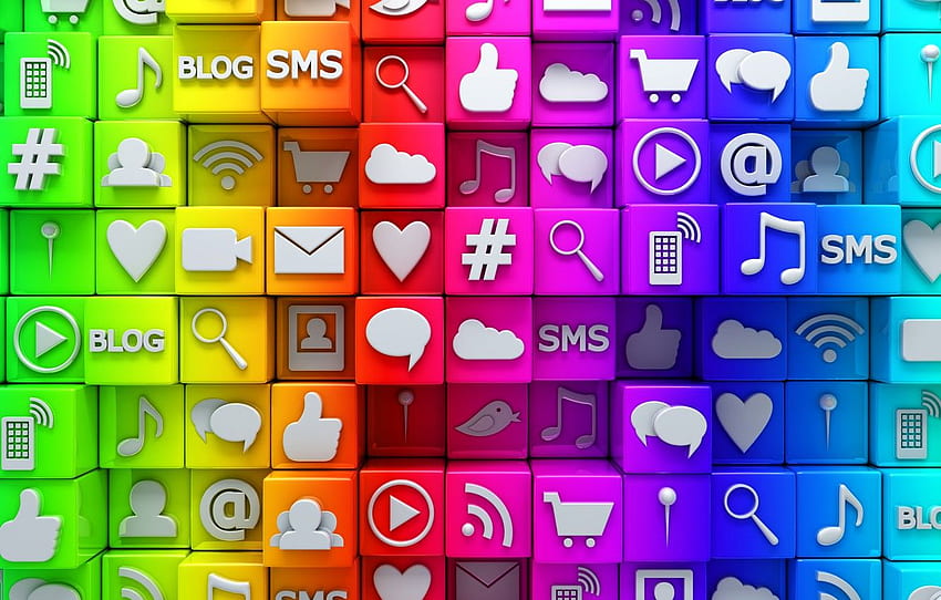 kubus, jaringan, warna-warni, Internet, ikon, kubus, ikon, jejaring sosial, media, sosial untuk , bagian рендеринг, Ikon Media Sosial Wallpaper HD