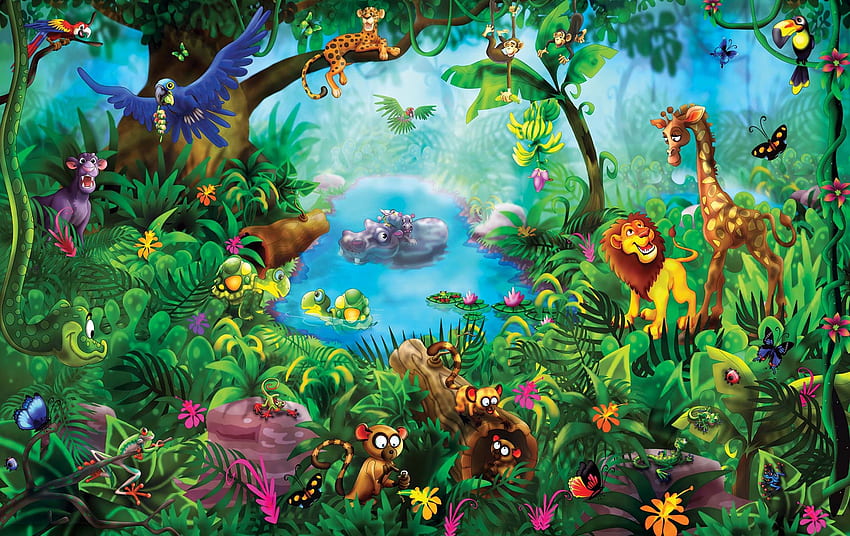 Mural de pared de la jungla infantil, niños, verde, arte, mural, selva, pared fondo de pantalla