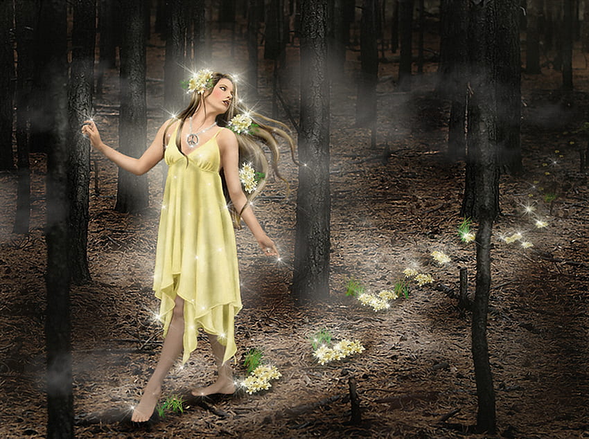 Path of dreams, dreams, woods, path, hot, angel, mist, fog, yellow, girls, flowers, fairies, women HD wallpaper