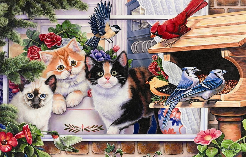 Пролет, коте, птица, изкуство, сладко, котка, синя сойка, писика, Джени Нюланд HD тапет