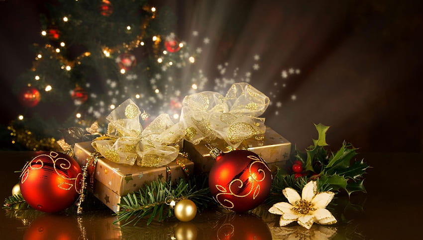 :-), gifts, 3D, Christmas decorations, pine needles HD wallpaper