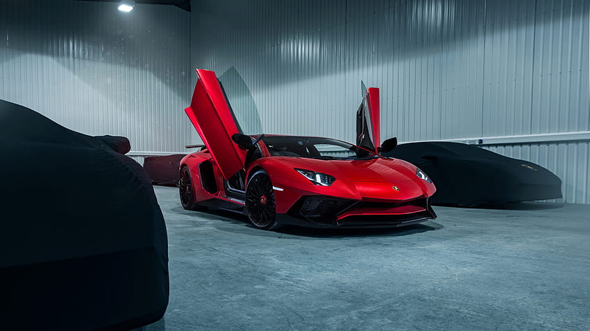 Red car Lamborghini Aventador SV with open doors HD wallpaper