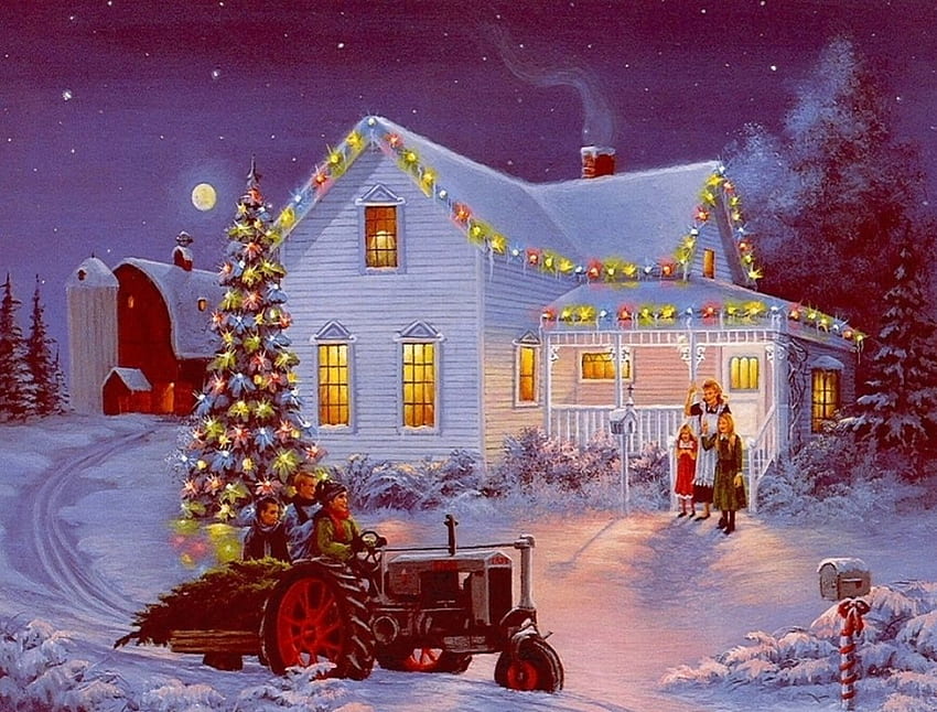 Noël à l'ancienne, hiver, coloré, couleur, noël, beau, charmant, ferme, arbre Fond d'écran HD