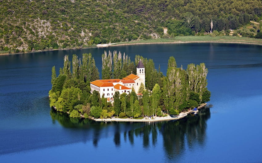 Visovac修道院、クロアチア、修道院、島、クロアチア、湖 高画質の壁紙