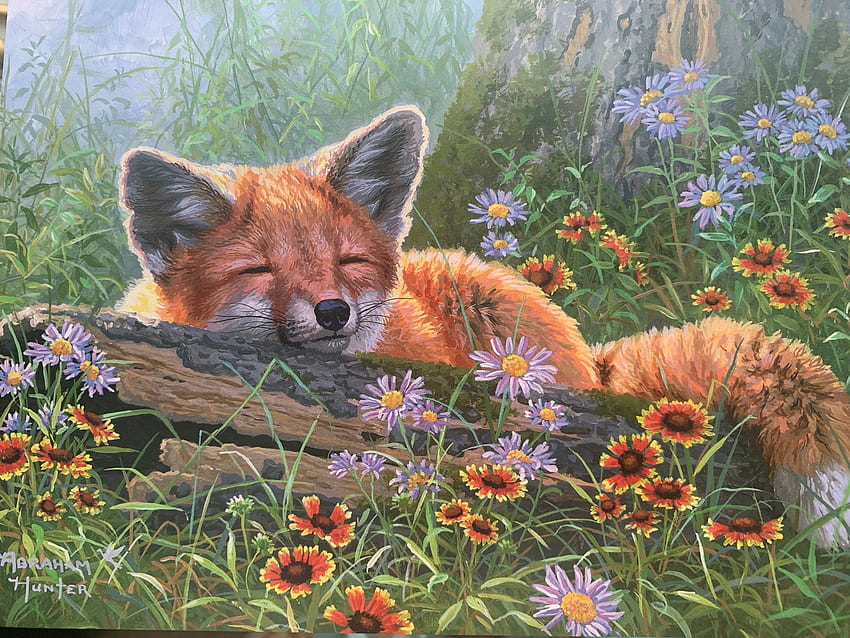 Sleeping fox, painting, abraham hunter, art, flower, pictura, vulpe, fox, sleep HD wallpaper