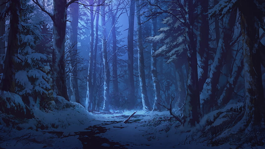 blue dao dao dark forest night nobody original scenic snow tree winter. Anime, Dark Jungle Anime HD wallpaper