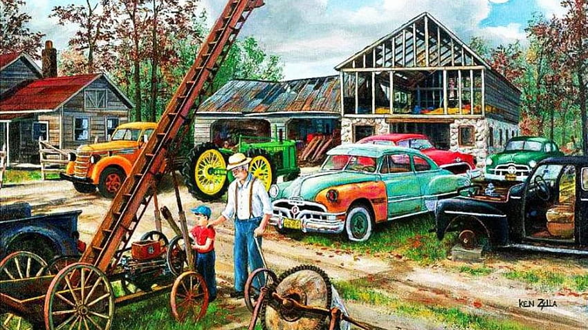 JUNKYARD coches auto automóvil clásico retro ilustraciones pintura., Muscle Car Art Paint fondo de pantalla