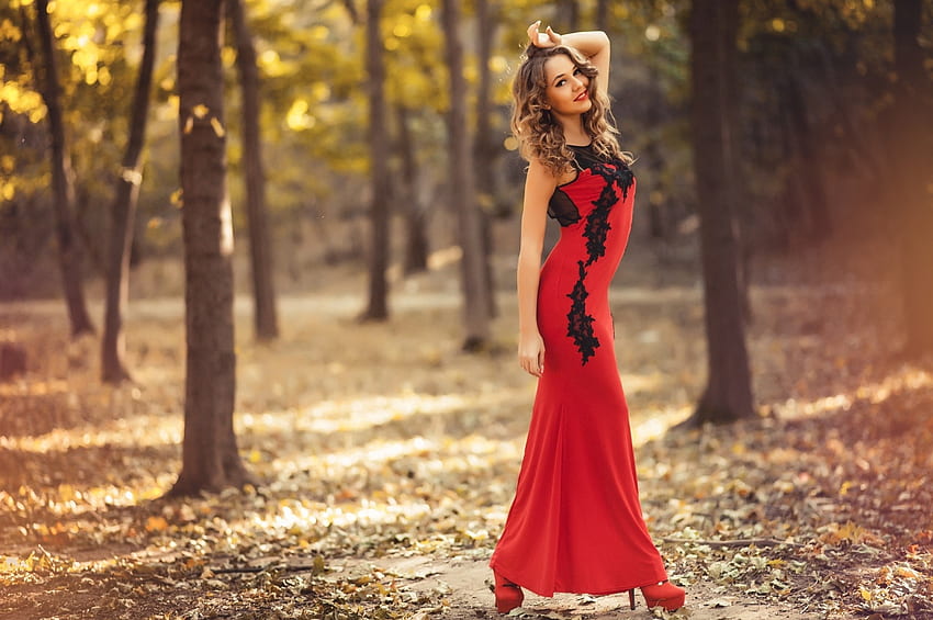 Unbekanntes Modell, Modell, Wald, Wald, rotes Kleid, Frau, Baby, Dame, Blätter, Bäume, Natur HD-Hintergrundbild