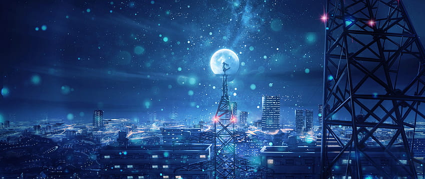 Night Sky City Stars Anime-Landschaft, ästhetischer Anime-Himmel HD-Hintergrundbild