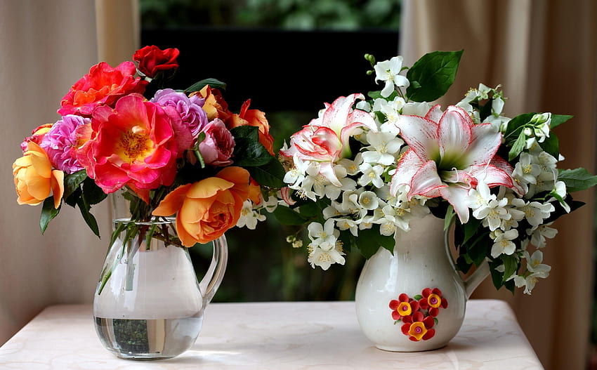 Flowers, Roses, Lilies, Bouquets, Jasmine, Jugs HD wallpaper