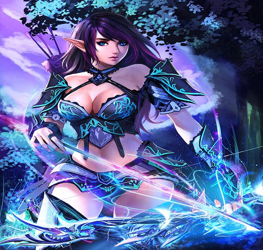 Blue Archer, blue, magic, archer, girl, long hair, orginal, fantasy, pretty, game, warrior HD wallpaper