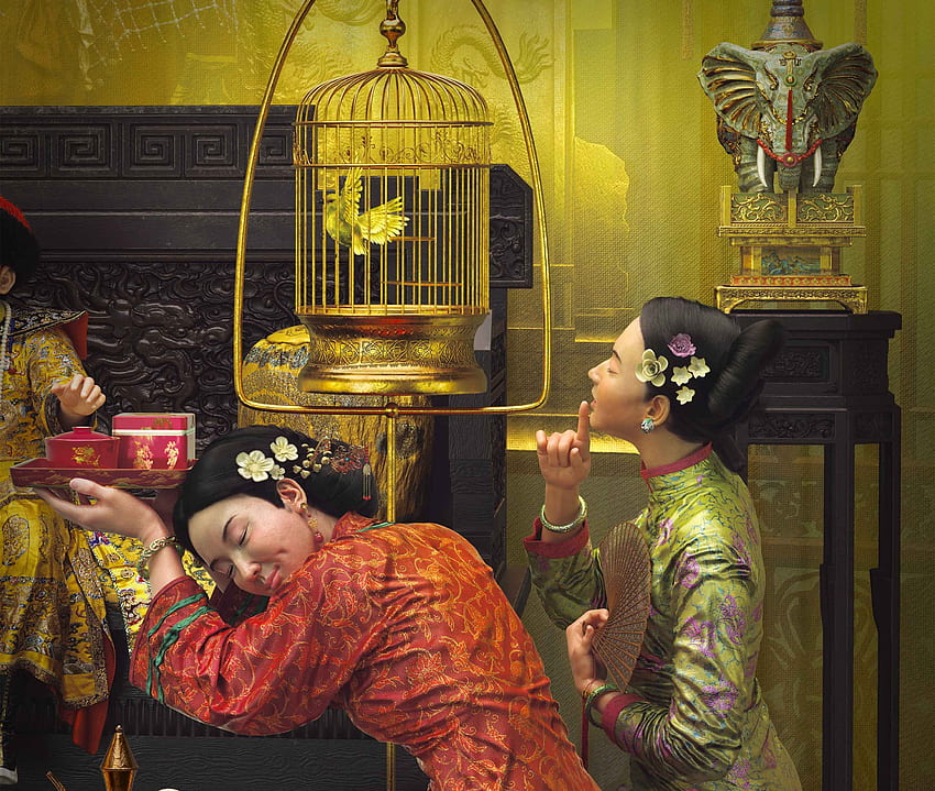 Petit empereur (détail), empereur, femme, rootworkshop, asiatique, fille, cage, femme de ménage, fantaisie, rouge, détail, jaune, vert Fond d'écran HD