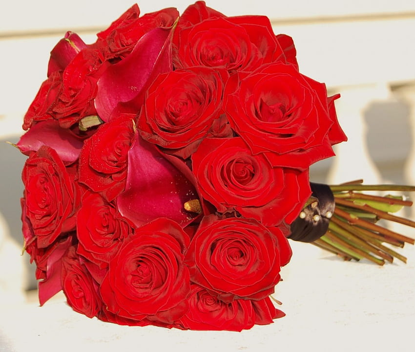 Roses are really red…, bouquet, roses, entertainment, wonderful, calla, precious, fashion, love, red, lilies, forever HD wallpaper
