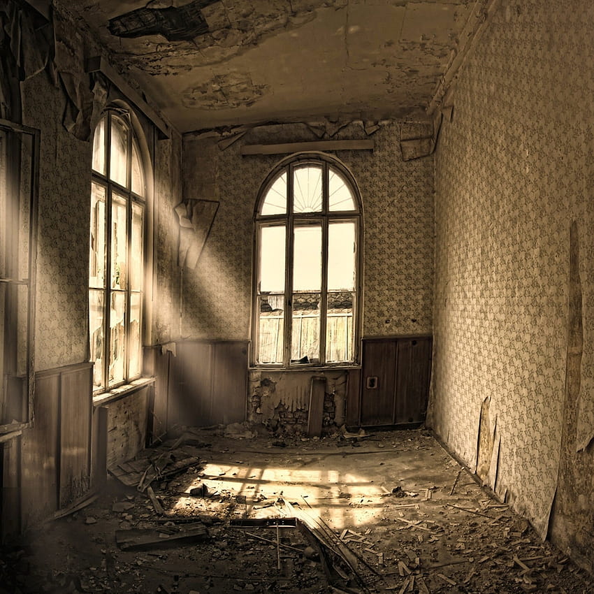 Edifício de visualização, antigo, quarto, ruína, janelas Papel de parede de celular HD