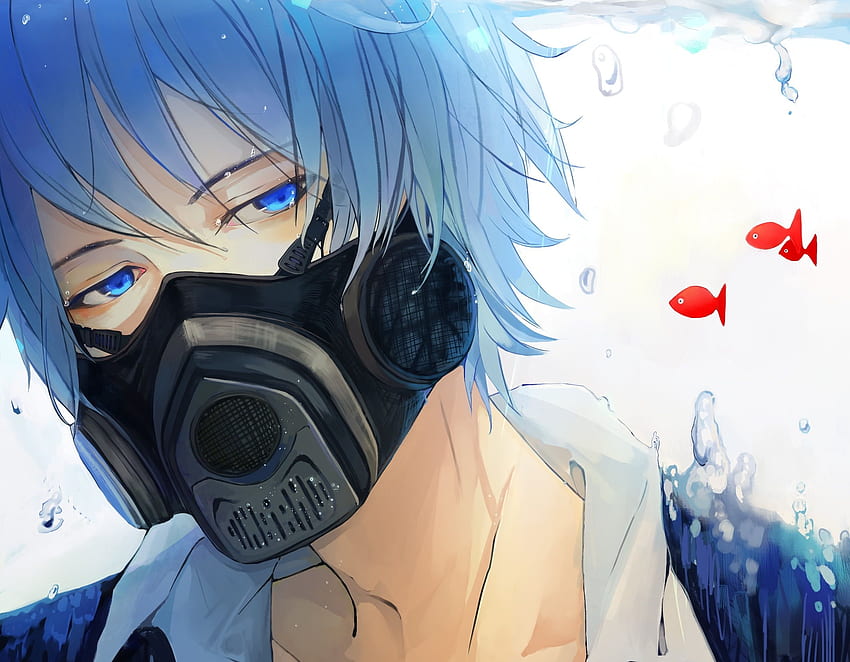 Blue haired male anime character wearing gas mask . Flare HD wallpaper