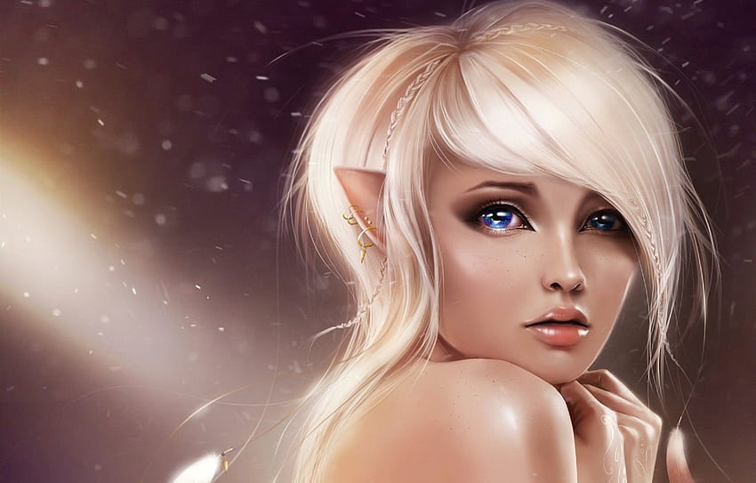 digital art, anime girls, elves, blue eyes, blonde, realistic, Blue Elf HD wallpaper