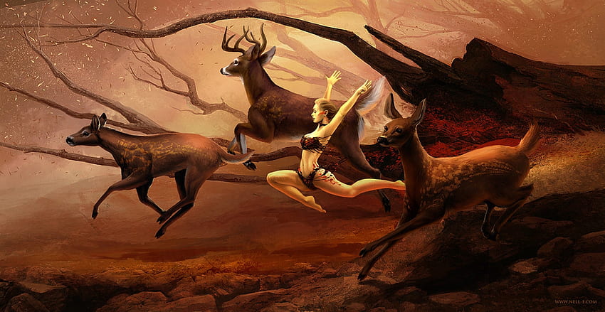 Deers, running, art, nell fallcard, girl, dark, brown, fantasy, deer, forest HD wallpaper