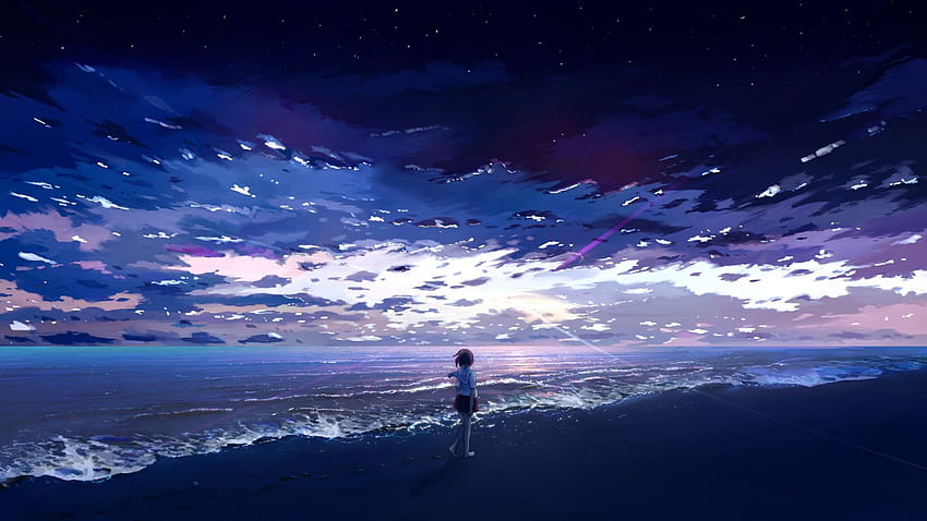 Garota de anime, beira-mar, praia, arte, 16 9 Anime papel de parede HD