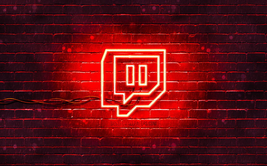 Logotipo rojo de Twitch, pared de ladrillo rojo, logotipo de Twitch, redes sociales, logotipo de neón de Twitch, Twitch para con resolución. Alta calidad fondo de pantalla