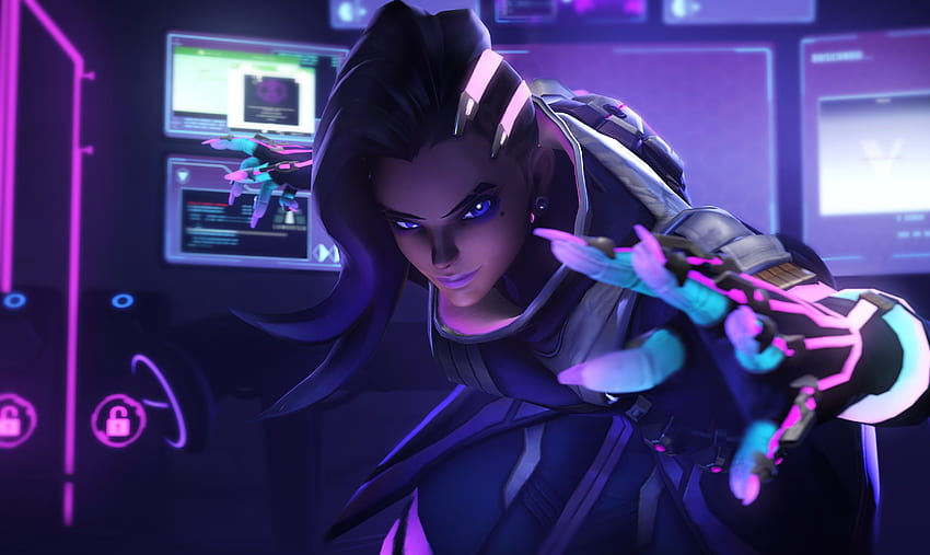 Sombra, overwatch, purple eyes, game HD wallpaper