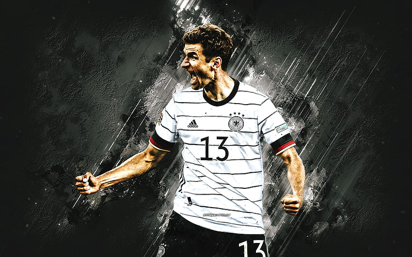 Thomas Muller, équipe nationale de football d'Allemagne, joueur de football allemand, fond de pierre blanche, Thomas Muller Allemagne, football, art grunge, Allemagne Fond d'écran HD
