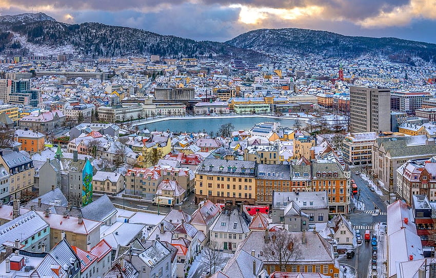 invierno, bosque, nubes, nieve, paisaje, montañas, la ciudad, estanque, hogar, Noruega, la vista desde arriba, Oslo para, sección город fondo de pantalla