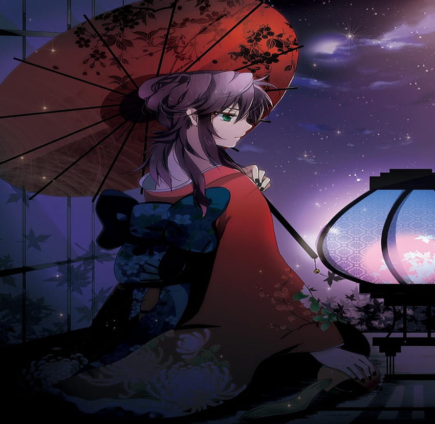 Kurama, night, umbrella, orginal, kimono, art, girl, lantern HD wallpaper