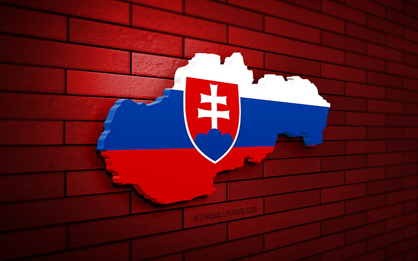 Mapa Słowacji, czerwona cegła, kraje europejskie, sylwetka mapy Słowacji, flaga Słowacji, Europa, mapa Słowacji, flaga Słowacji, Słowacja, flaga Słowacji, słowacka mapa 3D Tapeta HD